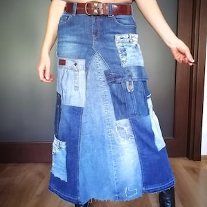 Extravagant  Crago Denim Skirt, Multi Pocket Boho Skirt, Maxi High Waist Patchwork Skirt ,Upcycled Streetwear Jeans Skirt