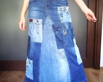Extravagant  Crago Denim Skirt, Multi Pocket Boho Skirt, Maxi High Waist Patchwork Skirt ,Upcycled Streetwear Jeans Skirt