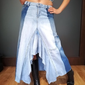 High Low Ruffle Skirt, Bohemian Denim Skirt, Extravagant Boho Skirt, Avand Garde High Waist Skirt, Maxi Two tone Skirt,hippie festival skirt