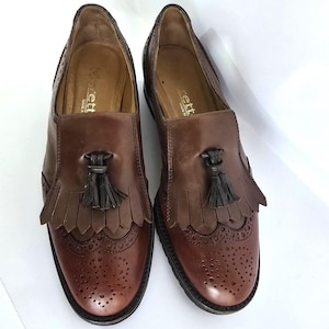 Italian brown genuine Leather Loafers,chunky low heel and EU 36,5 /UK 5 /US 7 classic loafers with tassels,slip-on Shoes, ddp included