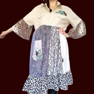Upcycled Boho Gupsy Dress,  Rustic Bohemian dress, Gift for Her,Country Farm Chic dress 2XL, Loose fit Tunic ,Distress Duster