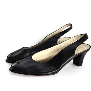 Italian black leather slingback heels, open toe genuine Leather sandals,low heel ankle strap sandals Size EU 40,5 /UK 7.5 /US 9.5