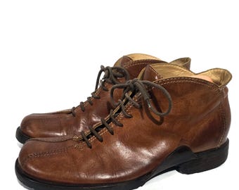 Stivaletti vintage in vera pelle rustica marrone / Scarpe retrò da uomo con lacci, punta liscia, taglia EU 43 1/2, US 11, UK 10,