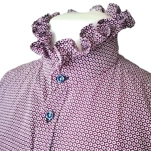 Vintage ruffle collar blouse, stripe button down blouse, navy blue white stripe top, victorian collar, feminie office blouse, 70s 80s style