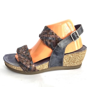 Vintage blue brown wedge heels open toe leather sandals size EU 41 / US 11 / UK 9  Chunky block heel platform sandals, Mary Janes 70s styles