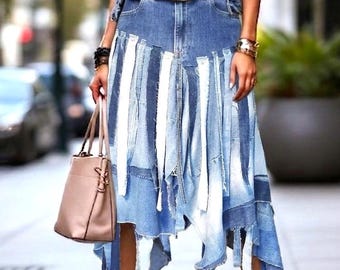 Asymmetrical Denim Skirt Y2K Frayed Hem Midi Jean Skirt Vintage
