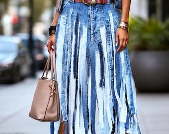 Długa spódnica z jeansu z wysokim stanem - Ekstrawagancka spódnica z frędzlami - Spódnica z frędzlami i paskami - Spódnica w stylu boho z wieloma kieszeniami Streetwear