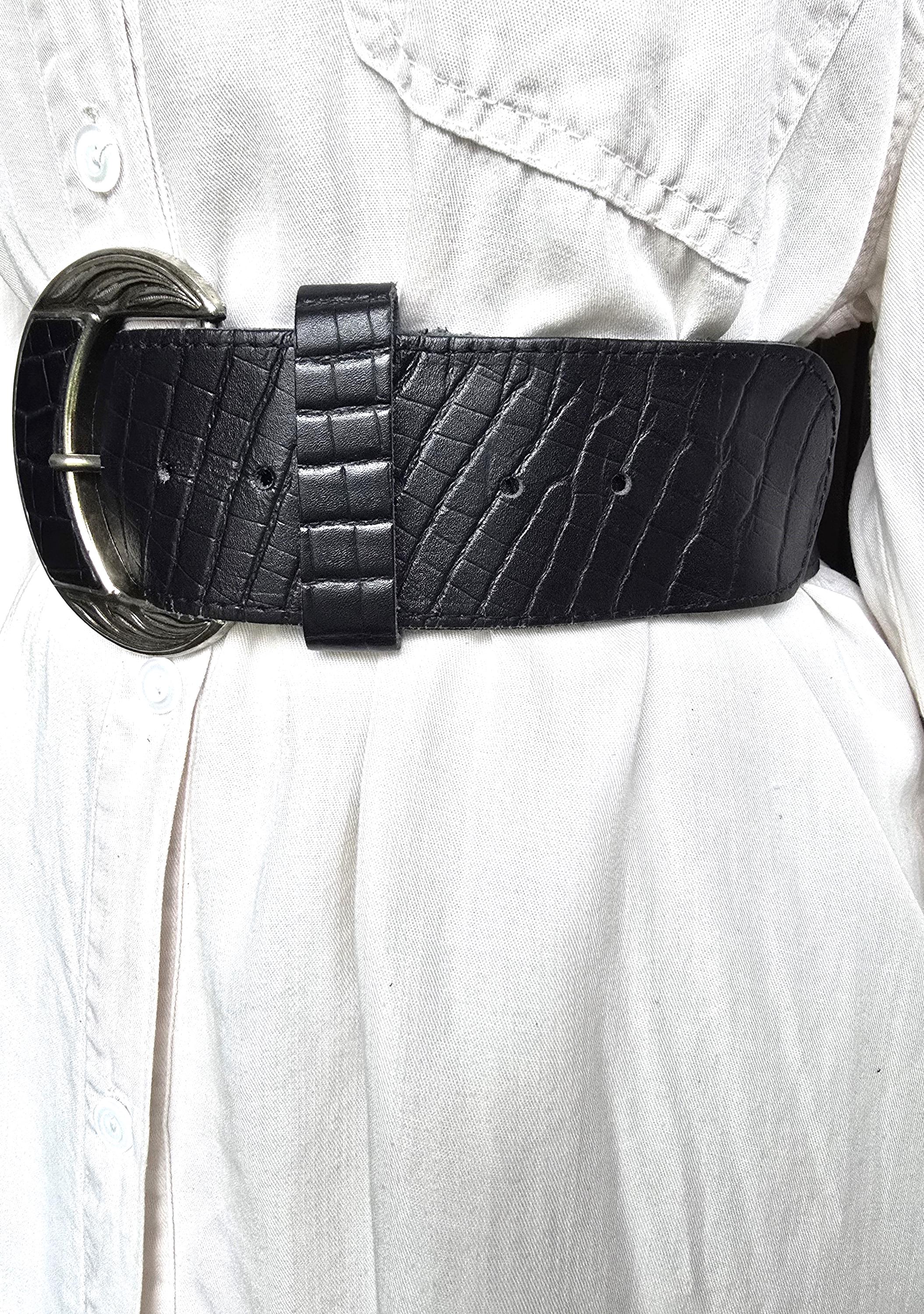 Vintage Black Leather Croc Embossed Western Belt Ornate Silver Buckle Size M Vintage Western Style Crocodile Embossed Leather Belt in  main image 2