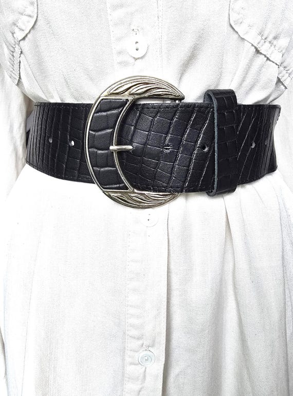 Vintage Extra Wide Black Leather Croc Belt | Oversized  display picture 3