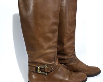 Stivali vintage in vera pelle marrone taglia EU 39 / UK 6.5 / US 8.5 - Stivali bassi Boho - Stivali da equitazione con fibbia