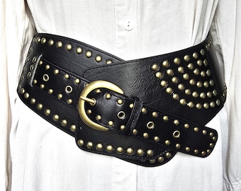 Vintage Black extra wide waist/hip belt with many studs, corset belt , dress belt , gothik rock punk belt