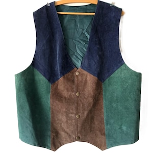 Vintage brown blue green suede leather men&#39;s vest leather waistcoast classic vest western cowboy leather vest, patchwork vest, DDP included