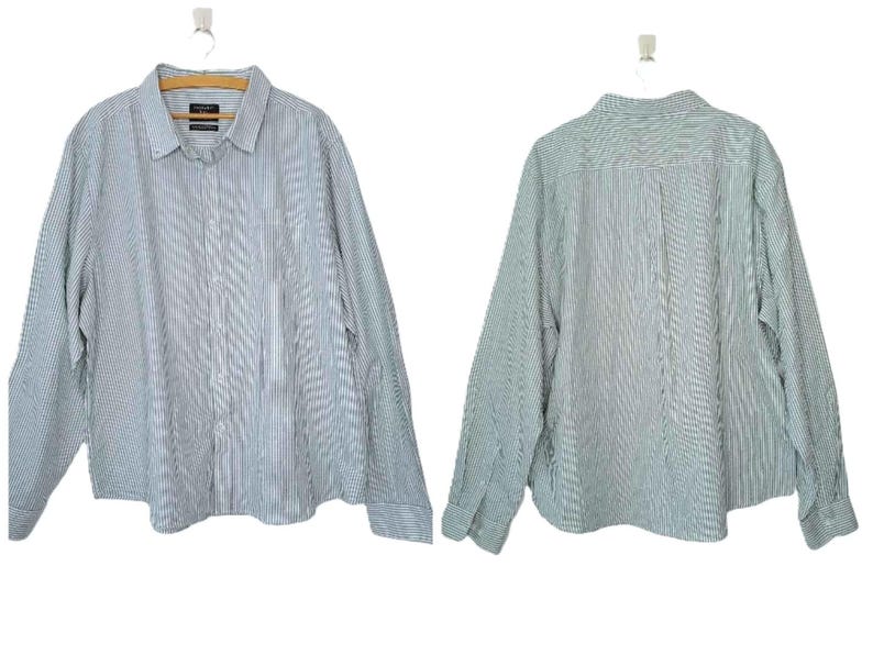 Koszula męska w paski w kolorze zielono-białym, w stylu vintage, koszula typu boyfriend, oversize, koszula z długim rękawem zapinana na dole, klasyczna koszula typu oxford, zdjęcie 2