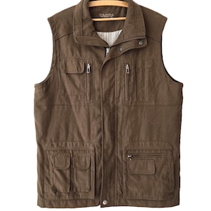 Vintage vest, brown men&#39;s waistcoast, multy pocket vest, zipper up sleevless jacket, fishing hub=nting vest