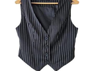 Vintage vest, black striped vest, crop fitted vest, boho women's waistcost, sleeveles jacket S