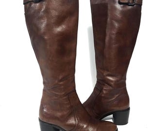 Vintage Italian Brown Genuine Leather Riding Boots Size EU 36 / UK 4 / US 6 - Classic Low Heel Almond Toe Boots - Tall Boho Equestrian Style