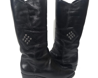 Vintage Black Genuine Leather Boots Size EU 36 / UK 4 / US 6 - 70s 80s Style - Mid Calf Shearling Lining Elegant Booties