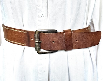Vintage  brown genuine leather belt - classic jeans belt