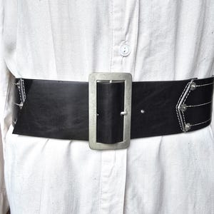 Vintage Wide Black Eco-Leather Belt - Rock Punk Hip Belt - Large Silver Rectangular Buckle - Goth Waist Accessory