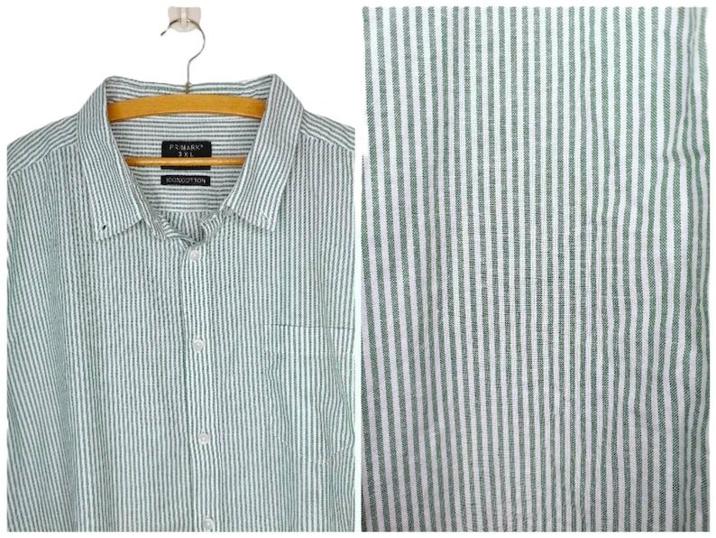 Koszula męska w paski w kolorze zielono-białym, w stylu vintage, koszula typu boyfriend, oversize, koszula z długim rękawem zapinana na dole, klasyczna koszula typu oxford, zdjęcie 1