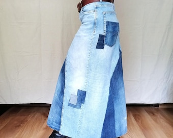 Bohemian Lace Denim Skirt, Extravagant Boho Skirt, Patched Avand Garde High Waist Skirt, hippie festival skirt