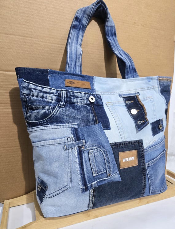 Extravagand Patchwork Denim Tote Bag Large Beach Bag Multi Pocket