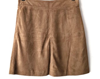 Vintage Brown Suede Leather Midi Skirt - A-Line Knee Length Skirt - Retro 70s Boho Chic Skirt