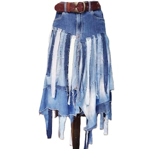 High Low Fringles skirt ,Avand Garde Denim Skirt, Acymmetrical patchwork skirt, Extravagant Two Tone Boho Skirt, Hippie Festival Skirt
