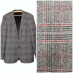 Vintage 90er Jahre Tartan Blazer, Schwarz roter Karo Blazer, Boyfriend Blazer, 2 Knopf klassischer Herren Blazer, Sakko, Wolljacke