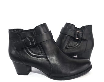 Stivaletti vintage in pelle nera EU 36 / UK 4 / US 6 - Eleganti stivaletti con cinturino e fibbia - Tacco basso e spesso,