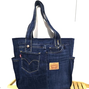 Dark blue denim Levi&#39;s bag Patchwork Denim Bag Tote Bag Market Bag  Recycle Denim Handbag  Sholder Denim bag (DDP included)