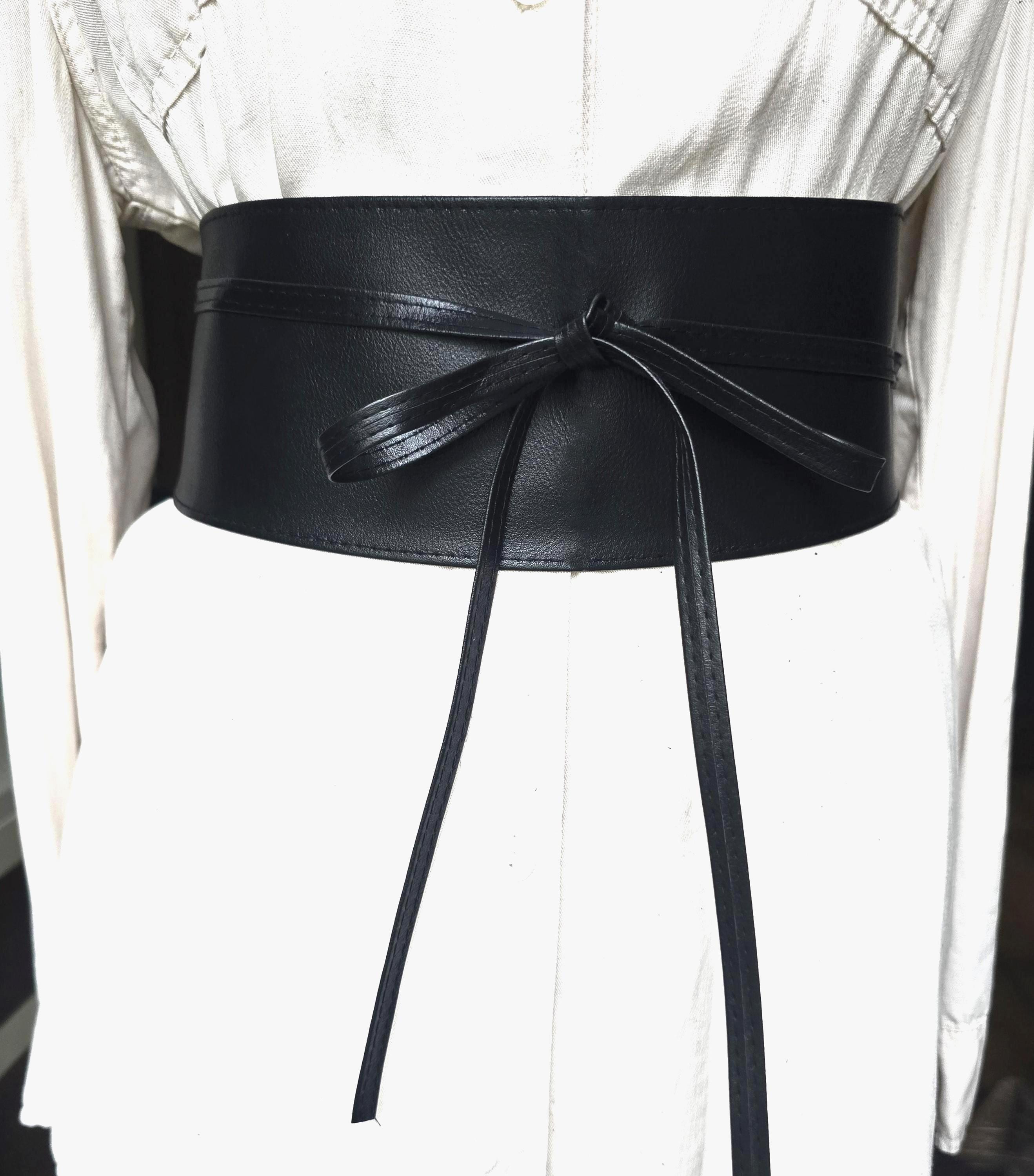 Vintage Extra Wide Eco-leather Obi Belt, Black Waist Belt 