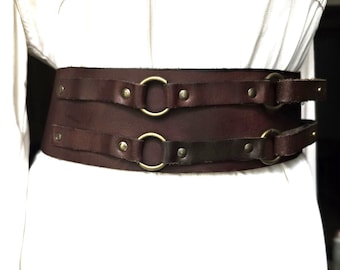 Vintage wide brown genuine leather waist/hip belt, boho dress belt ,celtic vikngs corset belt