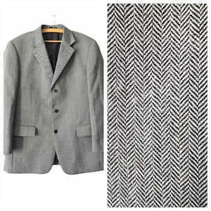 Vintage 90er Jahre Woll-Herringbone-Blazer, schwarz-weißer Boyfriend-Blazer, klassischer Herrenblazer mit 3 Knöpfen, Sportmantel, Herbst-Winter-Blazer