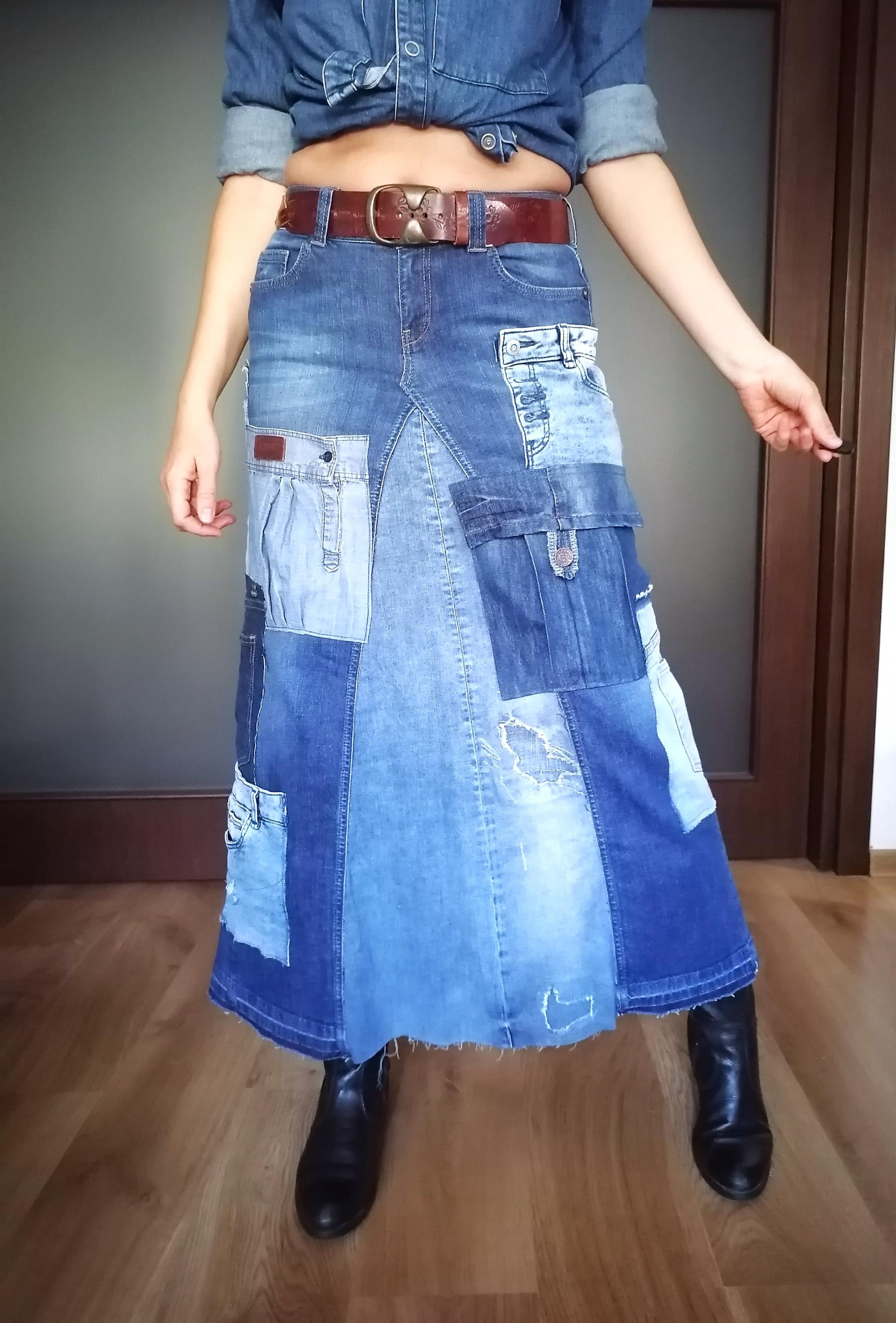 Boho style raw hem denim skirt main image 1