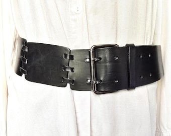Vintage Extra wide waist hip belt, brown genuine leather belt black double prong rectangular buckle belt celtic dress belt,