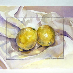 Lemon Watercolor Painting- 7.75x10- Original Kitchen Art- Two Lemons- Yellow, White, Purple