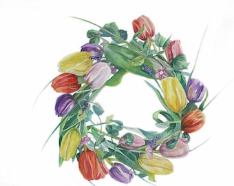 Flower Wreath Painting- 11x14- Original Watercolor- Tulip Wreath- Pink, Red, Yellow, Green