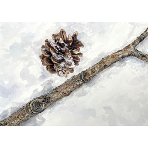 Branch and Pinecone Painting- Original Hand Painted Watercolor- Brown, White- Aspen and Pine- Farmhouse Decor