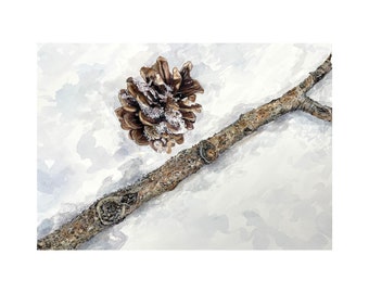 Branch and Pinecone Painting- Original Hand Painted Watercolor- Brown, White- Aspen and Pine