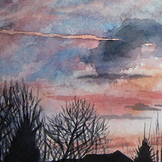Sunrise Watercolor Pink Purple Clouds Realistic Landscape Etsy