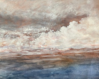 Cloud Watercolor- 9x12- Original Hand Painted Art- Stormy Sky- Sienna, Copper, Blue, White Pink