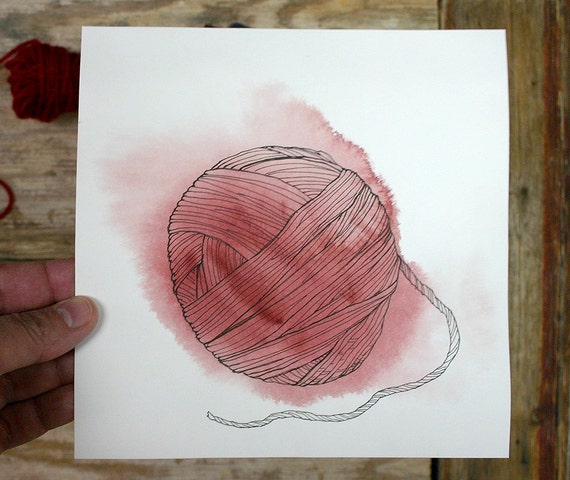 Red Yarn Watercolor Painting - Original Pen & Ink Illustration, 7x7 Art