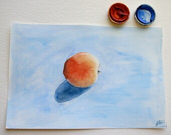 Fruit Watercolor- Original Painting- 6x9- Apricot, Peach- Still Life, Kitchen Art- Orange, Blue