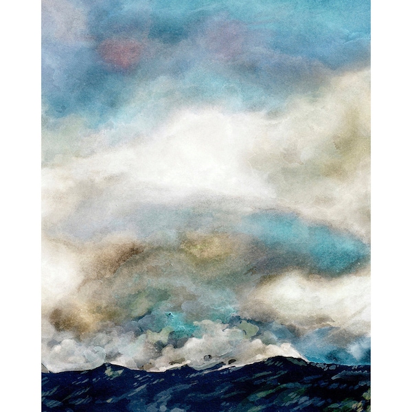 Turquoise Clouds Print- Blue, White, Beige- Stormy Sky- Colorado Mountains- Inverted Landscape- Watercolour Print- Vertical