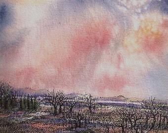 Pink Dawn Painting- 8x10- Winter Sunrise Clouds- Pen Ink Watercolor - Purple, Pink, Black, White