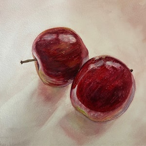 Acquerello di mele - 12x16 - Acquerello originale - Rosso, bianco, rosa - Natura morta fotorealistica