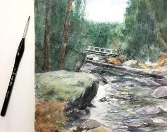 Woods Stream Watercolor- 9x12- Original Painting- Fir Trees, Rocky Mountain Stream- Emerald Green