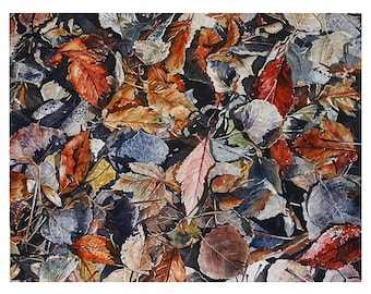 Aquarelle originale de feuilles - 11 x 14 - rouille, gris, bleu, rouge - trésor caché - art mural photoréaliste