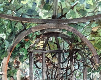 Gazebo Watercolor Painting- 5x7- Original Watercolor- Green Leaves and Vines